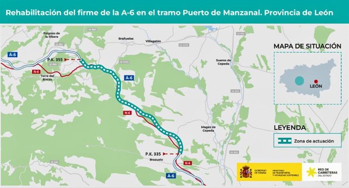 Mapa de la rehabilitación del firme de la autovia A-6 en el Puerto de Manzanal (León).