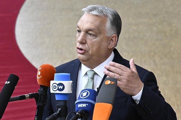June 26, 2025: Viktor Orbán, Prime Minister of Hungary speaks to the media on arrival at the EU leadersâ€ summit in Brussels, Belgium, 26.06.2025. Leaders meet to address defense spending, energy transition, the Middle East crisis, and a green policy disp