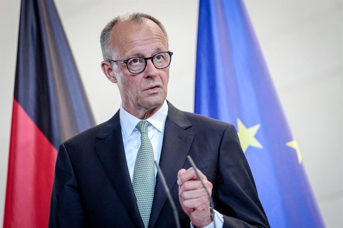 01 July 2025, Berlin: German Chancellor Friedrich Merz speaks during his joint press conference with Luxembourg's Prime Minister Luc Frieden, at the German Chancellery in Berlin. Photo: Kay Nietfeld/dpa