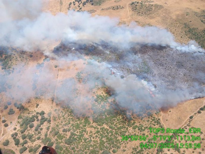 El viento a favor hace que la cabeza del incendio de Montecorto siga activa y avanzando, según han explicado desde el Plan Infoca.