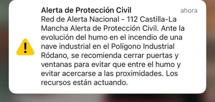 Mensaje recibido por el incendio en una empresa de baterías de litio y pilas de Azuqueca.