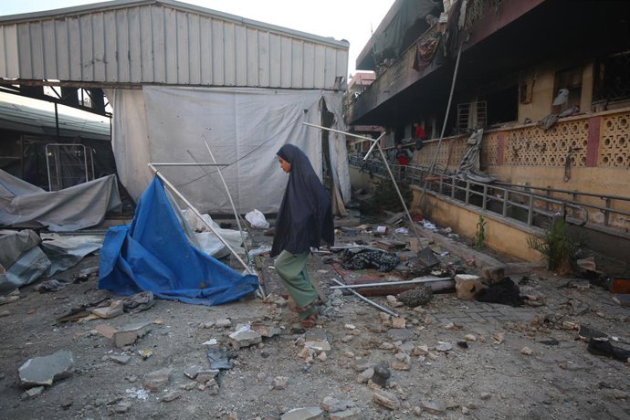 July 3, 2025, Gaza City, Gaza Strip, Palestinian Territory: A view of damage at Mustafa Hafez School and the tents around it following the Israeli attacks in Gaza City, Gaza on July 3, 2025