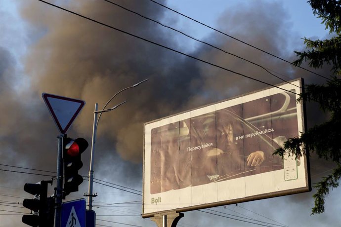 July 4, 2025, Kyiv, Kyiv City, Ukraine: Smoke rising after a Russian drone and missile attack on Ukraineâ€s capital Kyiv.