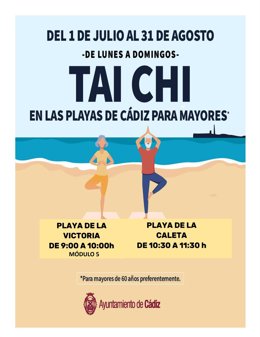 Cartel informativo de las clases de taichí en las playas de Cádiz para el verano de 2025.