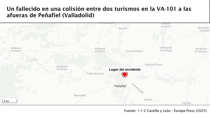 Mapa con el punto donde ha ocurrido el accidente en el que ha fallecido un varón de 50 años, en la VA-101 a las afueras de Peñafiel.