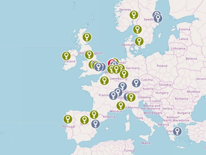 El consorcio está compuesto por 29 organizaciones asociadas, de 15 países. En verde participantes, en azul entidades colaboradoras y en rojo la sede central.