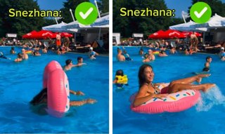 El inesperado truco para subirse a un flotador rosca en la playa sin perder la dignidad