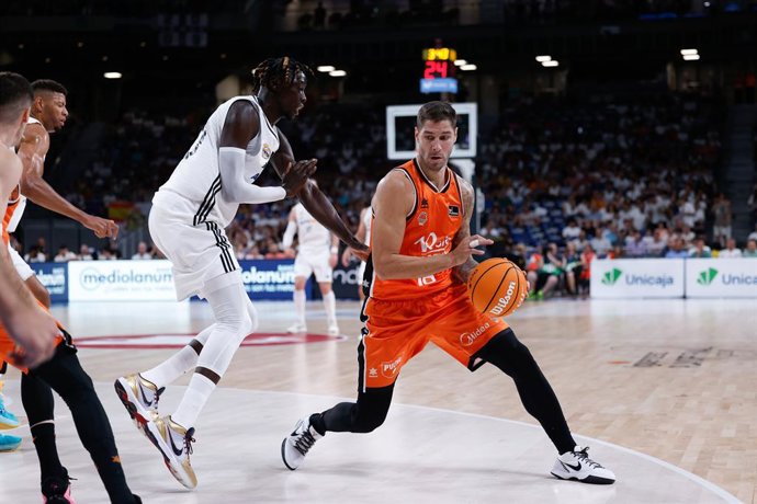 Stefan Jovic of Valencia Basket in action during the Spanish League, Final second leg of Liga ACB Endesa, basketball match played between Real Madrid and Valencia Basket at Movistar Arena on June 22, 2025, in Madrid, Spain.