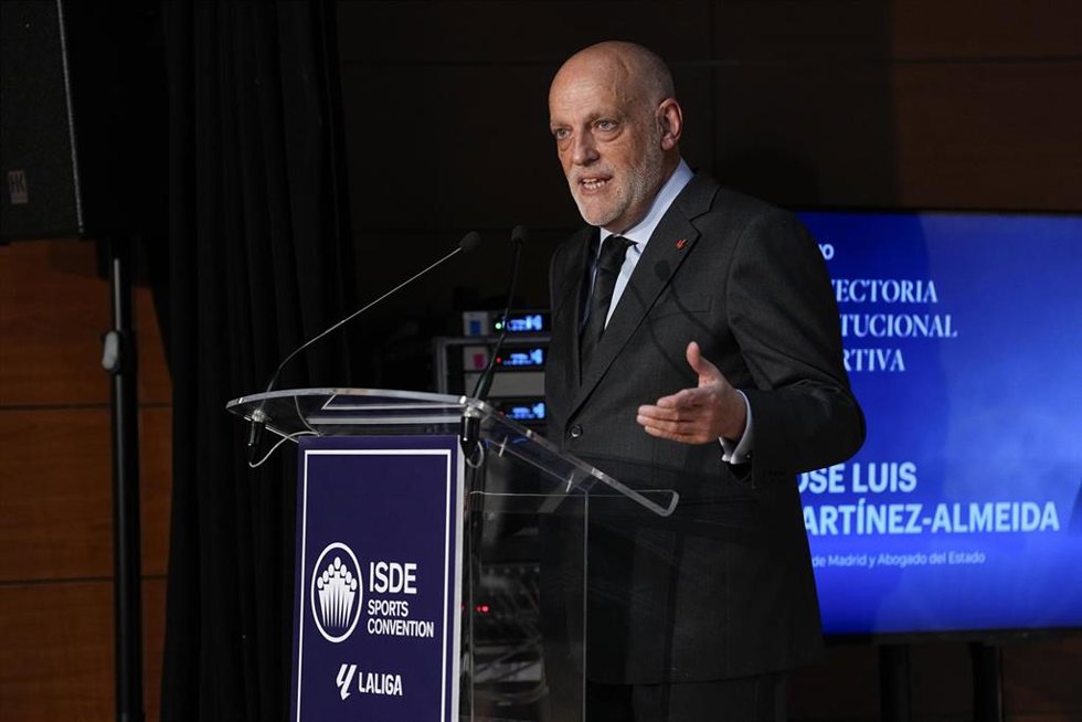 Javier Tebas, president de LaLiga, durante la ISDE Sports Convention 2025 celebrada en Madrid.
