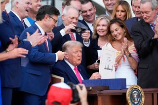 July 4, 2025, Washington, District Of Columbia, USA: President Donald Trump holds up his signed signature bill of tax breaks and spending cuts at the White House in Washington, Friday, July 4, 2025
