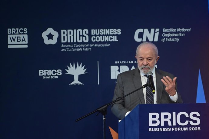 RIO DE JANEIRO, July 6, 2025  -- Brazilian President Luiz Inacio Lula da Silva speaks during the opening ceremony of the BRICS Business Forum in Rio de Janeiro, Brazil, July 5, 2025.