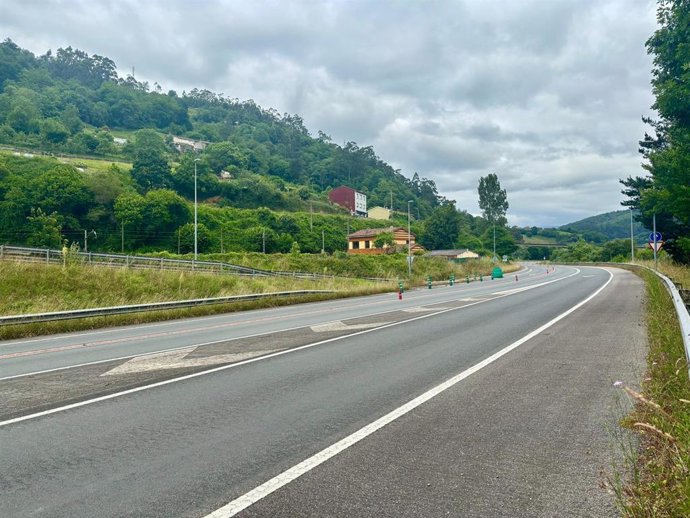Corredor del Nalón. Carretera regional AS-117. Vía rápida que une Laviana y Langreo y que conecta con Oviedo y con Gijón a través de la Autovía Minera, con una línea continua de color rojo en la mediana entre Sama y El Entrego.