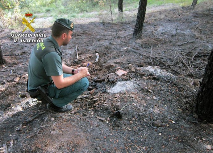Un agente de la Guardia Civil junto al lugar donde fue declarado el incendio