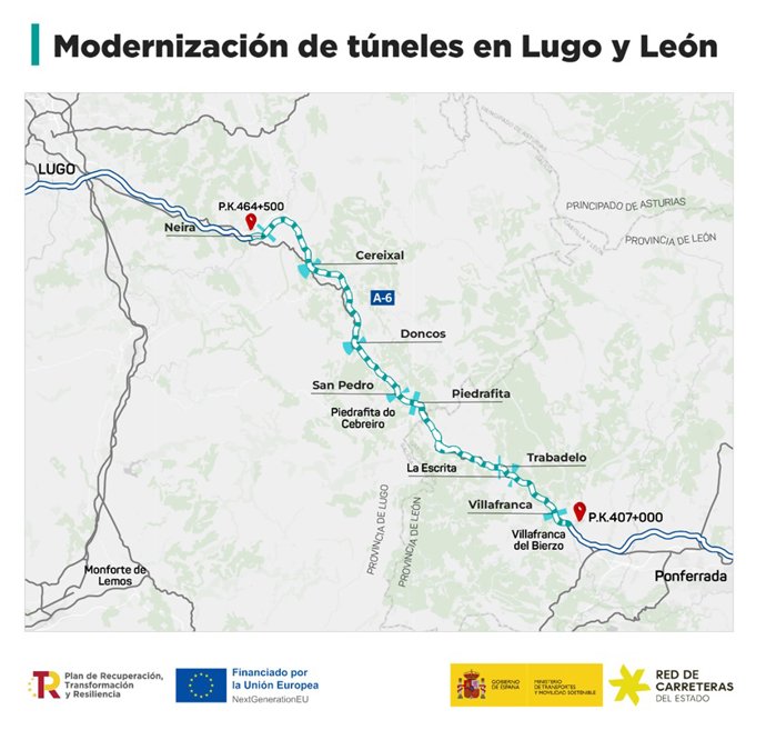 Obras de modernización de túneles entre Luego y León.