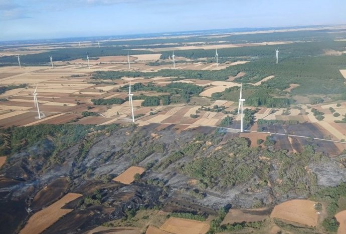 Situación del incendio forestal en San Pedro de Valderaduey (León).