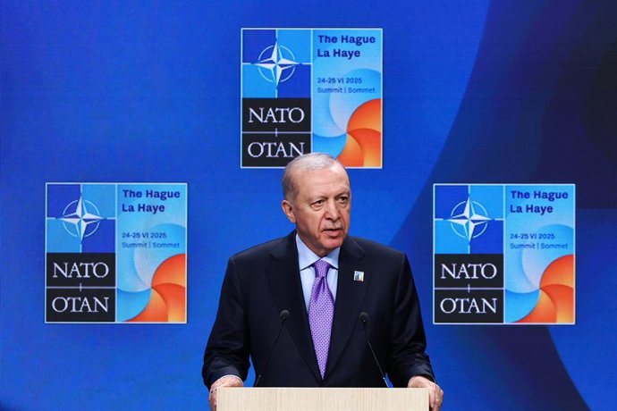 June 25, 2025, The Hague, Netherlands: President of Turkey Recep Tayyip Erdogan, attends the press conference during the 76th NATO Summit in the World Forum in The Hague, Netherlands on June 25th, 2025.