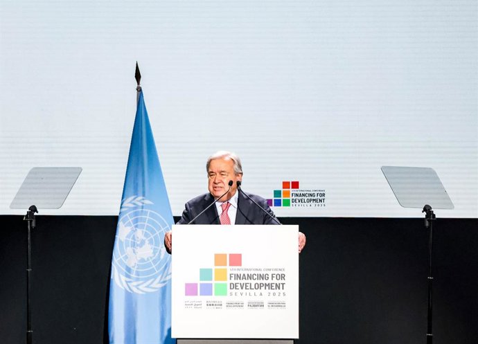 June 30, 2025, Sevilla, Spain, Spain: UN Secretary General, ANTONIO GUTERRES speaking at the podium on the opening on day one of the 4th International Conference on Financing for Development, delegates debate the future of economic aid amid rising global 