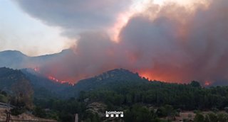 El viento nocturno complica la extinción del fuego en Paüls (Tarragona)