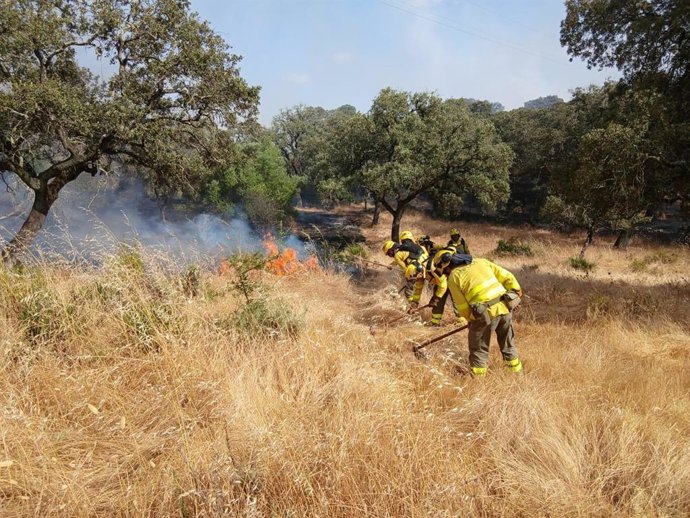 Bomberos trabajando en las tareas de extinción de un incendio en imagen de archivo