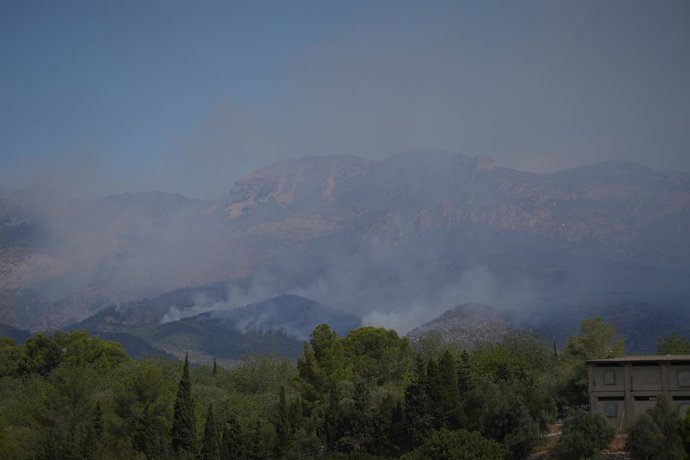 Fumaça do incêndio de Paüls na estrada que liga Roquetes a Els Reguers, em 8 de julho de 2025, em Roquetes, Tarragona, Catalunha (Espanha). O incêndio está ativo e fora de controle, com rajadas de vento de até 90 km/h. Estima-se que mais de 2.500 hectares