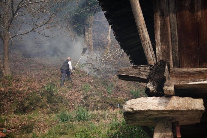 Archivo - Un vecino colabora en las labores de extinción en un incendio forestal, a 29 de marzo de 2023.