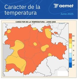 Mapa elaborado por la Aemet sobre el balance de la termperatura registrada en junio en CyL