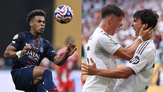 El jugador del PSG Desiré Doué y los futbolistas del Real Madrid Arda Güler y Gonzalo García, en el Mundial de Clubes 2025.