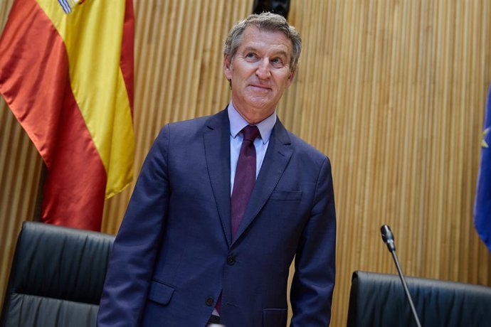 El presidente del PP, Alberto Núñez Feijóo, preside la reunión plenaria de los grupos parlamentarios del Partido Popular del Congreso y del Senado, a 8 de julio de 2025, en Madrid (España). El encuentro busca coordinar la estrategia política tras su recie