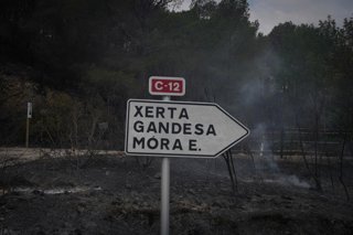 Restes de l'incendi de Paüls ala carretera d'Aldover, a 8 de juliol de 2025, a Aldover, Tarragona, Catalunya (Espanya).