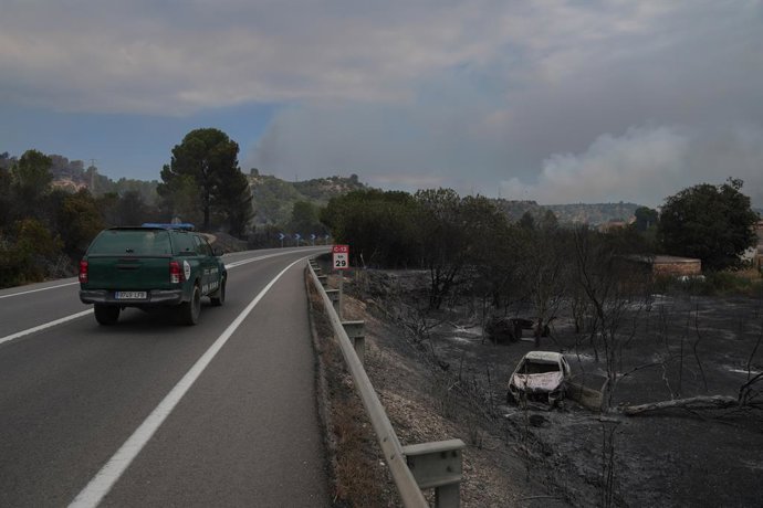 Un vehicle calcinat per l'incendi de Paüls, a 8 de juliol de 2025, a Aldover, Tarragona, Catalunya (Espanya).