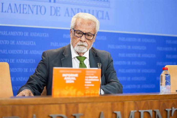 El Defensor del Pueblo Andaluz, Jesús Maeztu, durante la rueda de prensa de este miércoles en el Parlamento de Andalucía.