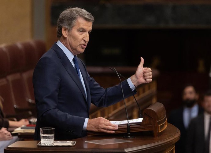 El presidente del PP, Alberto Núñez Feijóo, interviene durante un pleno extraordinario, en el Congreso de los Diputados, a 9 de julio de 2025, en Madrid (España). 