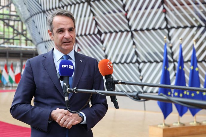 HANDOUT - 26 June 2025, Belgium, Brussels: Greek Prime Minister Kyriakos Mitsotakis speaks to media as he arrives to attend the European Council meeting on the ongoing developments in Ukraine and the Middle East. Photo: Alexandros Michailidis/EU Council/d