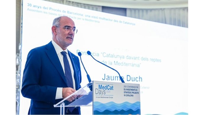 El conseller de Unión Europea y Acción Exterior de la Generalitat, Jaume Duch, durante su intervención este miércoles en la clausura de la sexta edición de los MedCat Days en el Palau de Pedralbes de Barcelona