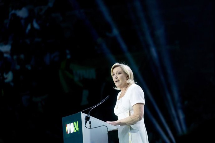 Archivo - Arquivo - Membro da Assembleia Nacional Francesa e candidata à Presidência da República, Marine Le Pen, durante o evento 'Viva 24' da VOX no Palácio de Vistalegre, em 19 de maio de 2024, em Madri (Espanha). O evento, chamado 'Viva 24' e o