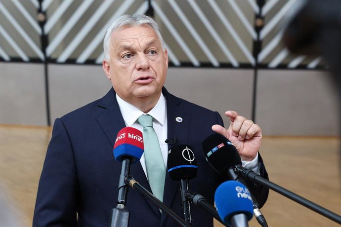HANDOUT - 26 June 2025, Belgium, Brussels: Hungarian Prime Minister Viktor Orban speaks to the press ahead of the European Council meeting to discuss ongoing developments in Ukraine and the Middle East. Photo: Alexandros MICHAILIDIS/European Council/dpa -