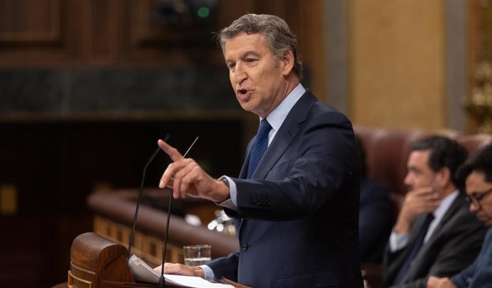 El presidente del PP, Alberto Núñez Feijóo, interviene durante un pleno extraordinario, en el Congreso de los Diputados, a 9 de julio de 2025, en Madrid (España). 
