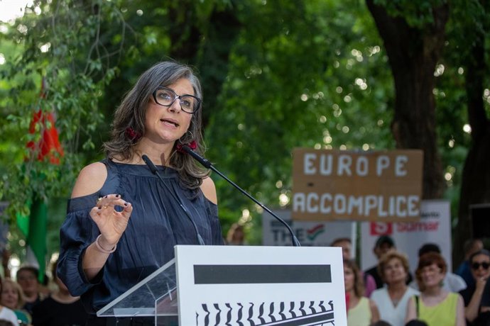 June 23, 2025, Madrid, Spain: The United Nations Special Rapporteur on the Palestinian Territories, Francesca Albanese, spoke during the international event ''Stop the Genocide! Free Palestine!'' held in the gardens of the Temple of Debod in Madrid, Spain