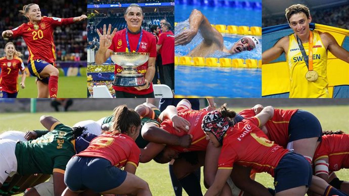 La futbolista Claudia Pina en la EURO 2025 (arriba a la izquierda), el seleccionador nacional de baloncesto, Sergio Scariolo, el nadador francés León Marchand, el atleta sueco Mondo Duplantis y la selección española de rugby XV (abajo).