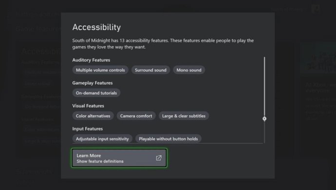 Etiquetas de las características y funciones de accesibilidad que tiene un videojuego