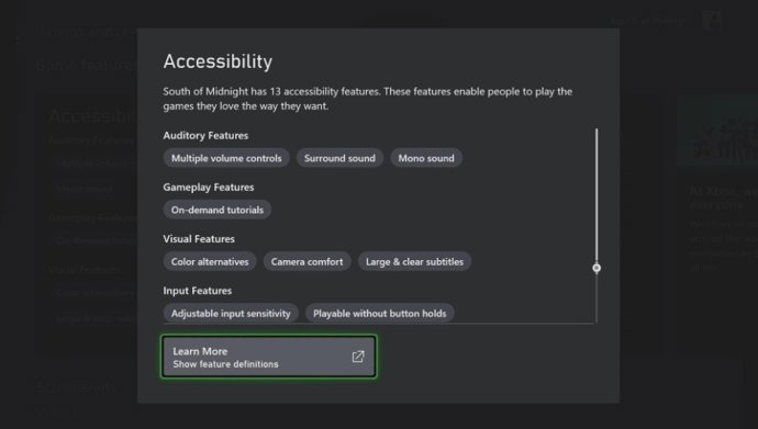 Etiquetas de las características y funciones de accesibilidad que tiene un videojuego