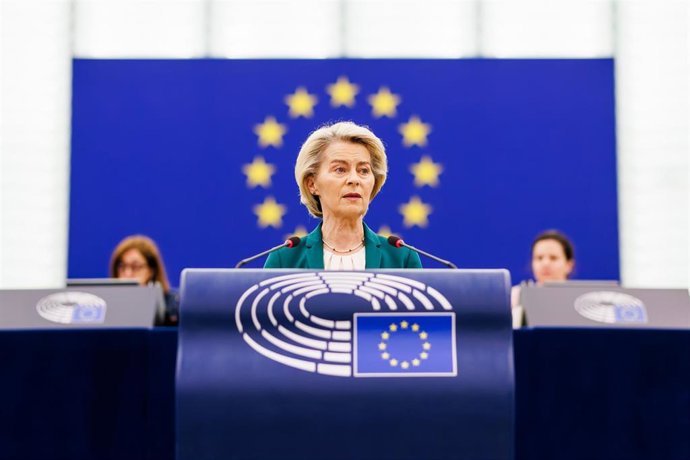 La presidenta de la Comisión Europea, Ursula von der Leyen, durante una intervención en el pleno del Parlamento Europeo de esta semana en Estrasburgo (Francia).