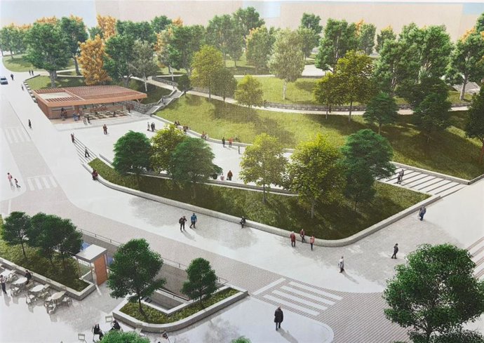 Infografía sobre el futuro estado de parque El Campillín de Oviedo, con la entrada al parking subterráneo en la Plaza de Santo Domingo.