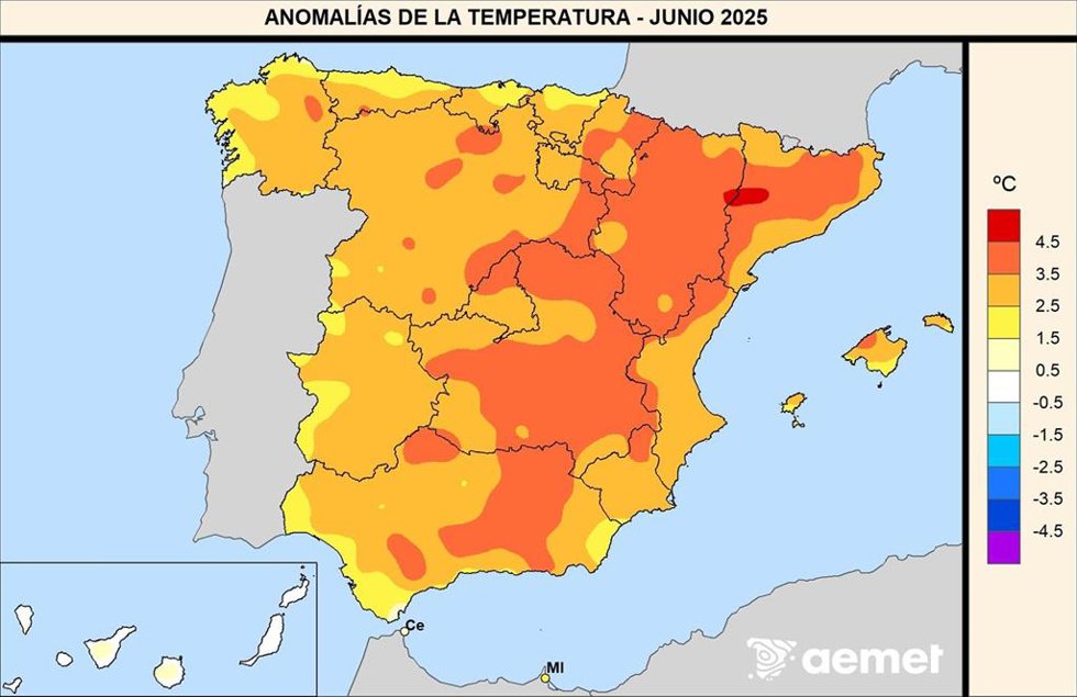Anomalías de las temperaturas medias en junio de 2025 respecto al período 1991-2020.