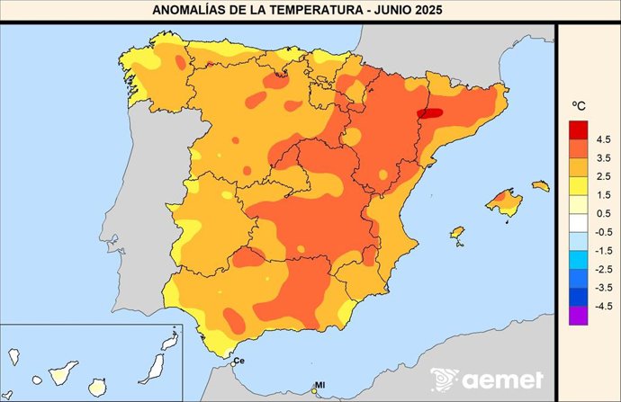 Anomalías de las temperaturas medias en junio de 2025 respecto al período 1991-2020.
