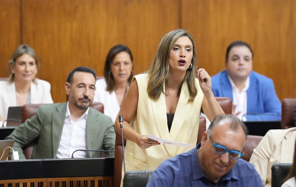 La portavoz parlamentaria del PSOE-A, María Márquez, interviene durante la sesión de control en el pleno del Parlamento andaluz. A 10 de julio de 2025, en Sevilla (Andalucía, España). Segunda jornada de Pleno, con Sesión de Control al Gobierno y pregunt