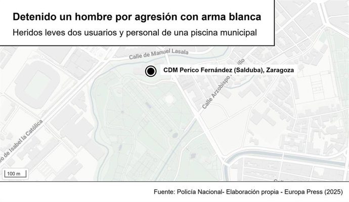 Mapa con la localización del suceso en una piscina municipal en Zaragoza.