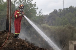 Extinció en una zona afectada per l'incendi a Xerta (Tarragona).