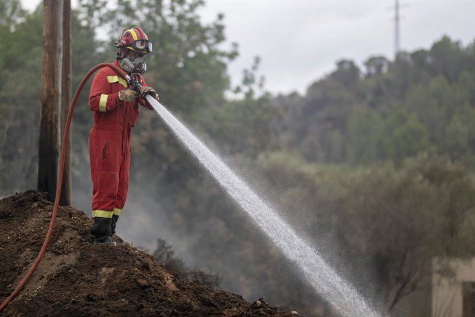 Extinció en una zona afectada per l'incendi a Xerta (Tarragona).