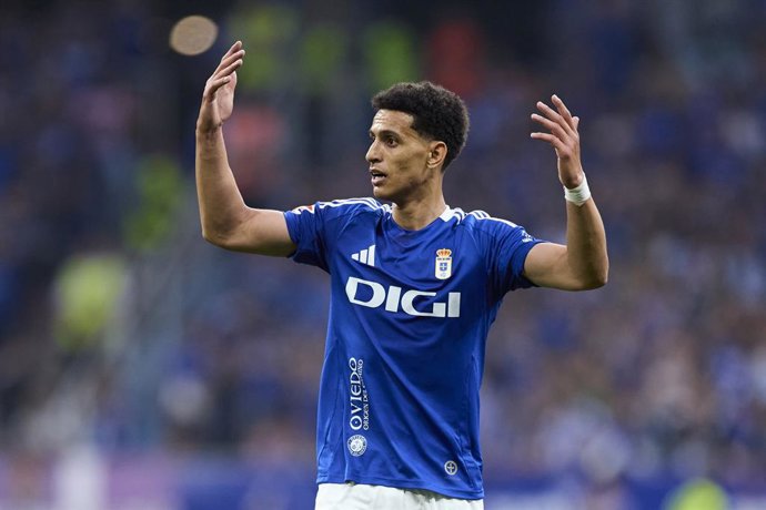 Ilyas Chaira of Real Oviedo reacts during the LaLiga Hypermotion Play Off Final 2nd Leg match match between Real Oviedo and CD Mirandes at Carlos Tartiere on June 21, 2025, in Oviedo, Spain.